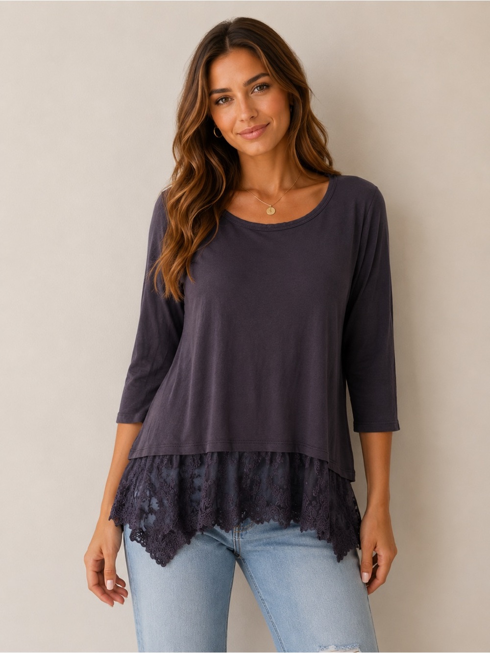 Dylan Lace Hem Tunic Top Size Medium Boho Romantic Layered Look